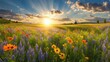© darion - A vibrant field of wildflowers under a sunrise, showcasing nature's beauty and tranquility.