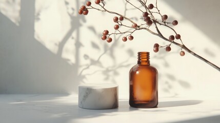 Poster - A brown glass bottle sits on a white marble surface. A white marble podium is to the left of the bottle.