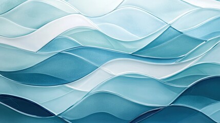 Layers of wavy glass forms in soft, transparent blues, blending together to form a serene, ocean-inspired background.