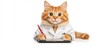 © Sweettymojidesign - A cute cat dressed as a doctor, while writing notes on a tablet, isolated on a white background.