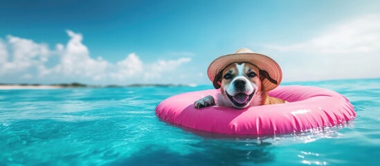 A happy dog wearing a straw hat floats in a pink inflatable ring in the turquoise ocean.