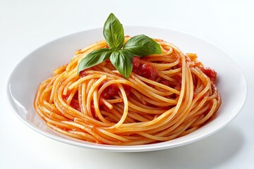 Wall Mural - A plate of spaghetti with tomato sauce and basil on top.