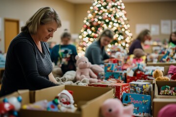 Volunteers sorting toys for Christmas donation drive..