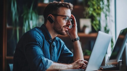 Poster - A man wearing glasses and a blue shirt is sitting at a desk with a laptop