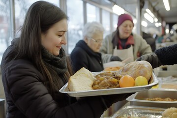 Volunteer serving food with a smile at a community kitchen event..