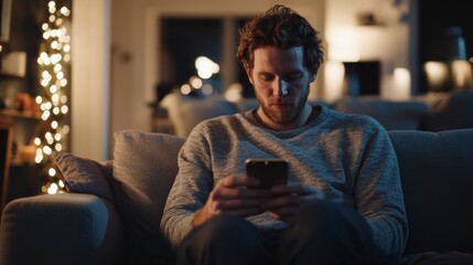 Wall Mural - A man is sitting on a couch and looking at his cell phone