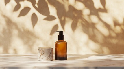 Fototapete - A brown glass bottle and a marble container are placed on a light surface, casting gentle shadows from nearby leaves. This serene arrangement creates a calming atmosphere perfect for skincare.