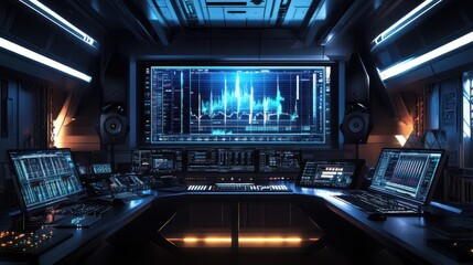 Fototapete - A shot of a futuristic sound design studio with a large screen displaying audio waveforms, surrounded by sleek, modern audio equipment and ambient lighting, digital audio workstation
