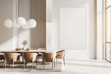 Modern dining room interior with a large blank canvas and a round table with chairs