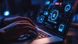 © Johannes - Cybersecurity concept. Scam Alert Warning, A person typing on laptop with scam alert icons, including symbols for phishing, online fraud, identity theft, Unknown person, online threats, Cyber securit