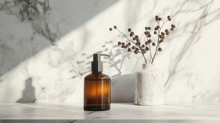 Poster - A brown glass bottle sits on a marble countertop, accompanied by a decorative vase filled with dried flowers. Soft sunlight casts delicate shadows, enhancing the serene atmosphere of the setting.
