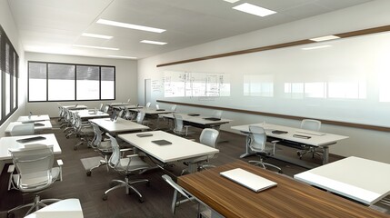 Aufkleber - A wide-angle view of a modern, minimal workspace with a clean desk and a large whiteboard, 4K resolution