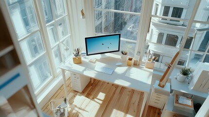 Aufkleber - A sleek, modern office with a clear desk, simple monitor setup, and minimal accessories, wide-angle view, 4K resolution