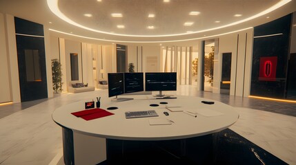 Aufkleber - A sleek, modern office with a clear desk, simple monitor setup, and minimal accessories, wide-angle view, 4K resolution