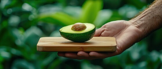 Freshly cut avocado half held on a wooden board, vibrant green background.