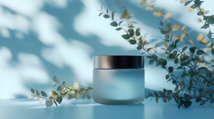 Leinwandbilder - A glass jar with a sleek silver lid sits on a blue surface illuminated by soft afternoon light.