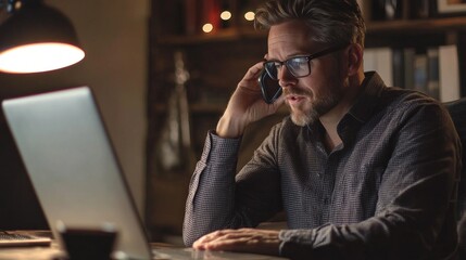 Wall Mural - A man is talking on his cell phone while sitting at a desk with a laptop