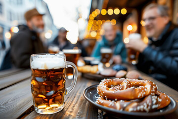 glasses of beer on a wooden table on the terrace in the city street, traditional Bavarian pretzels and dishes, group of friends enjoing party 