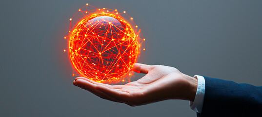 A businessman's hand holding a glowing red sphere composed of digital connections, symbolizing global networks, technology, and innovation.
