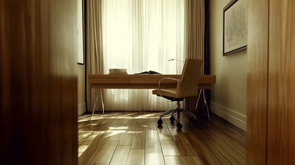 Poster - A sleek, minimal office space with a modern desk, simple decor, and clean lines, wide angle, 4K resolution