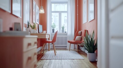 Poster - A wide-angle view of a small, minimalist office with a simple wooden desk and an ergonomic chair, 4K resolution