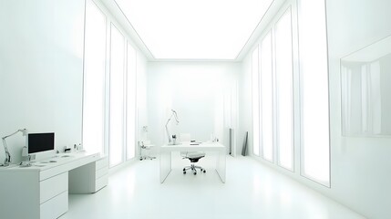 Aufkleber - A wide-angle view of a bright, minimalist office with a white desk, clean surfaces, and large windows, 4K resolution