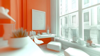 Aufkleber - A wide-angle view of a bright, minimalist office with a white desk, clean surfaces, and large windows, 4K resolution