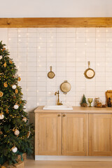 Kitchen with a Christmas tree and a sink