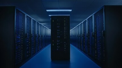 Poster - Various rows of fully functioning server racks at a data center. Modern Telecommunications, Cloud Computing, Stock, Database, Super Computer Technology Concept.
