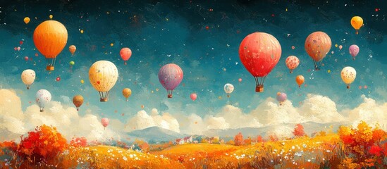 A vibrant landscape with colorful hot air balloons floating over a scenic autumn field.