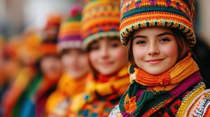 Unique travel experience concept. A vibrant portrait of girls in colorful traditional knitwear and hats showcasing rich cultural heritage and cheerful expressions