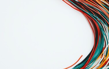 A white background is dominated by multicolored electrical wires