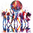 © grape_vein - Colorful celebration of dancers enjoying a disco theme under a sparkling globe at night