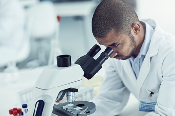 Poster - Man, microscope and science at lab for research, test and blood sample for mpox vaccine development. Person, equipment and assessment for pharma innovation, medicine or drugs for healthcare crisis