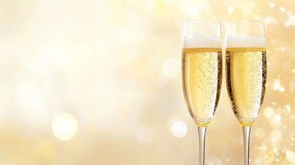 Aufkleber - Two elegant champagne flutes filled with bubbly drink stand close together, reflecting light from a golden, glittering background, perfect for a celebration or special occasion.