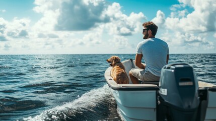 Poster - A man and his dog are on a boat in the ocean