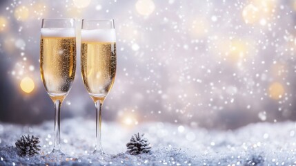 Two elegant flutes filled with sparkling champagne sit on a snowy surface, surrounded by a soft winter ambiance and warm bokeh lights, creating a festive atmosphere perfect for celebration.