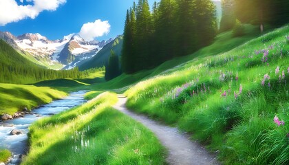 Charming mountain trails in the spring with lush green scenery.