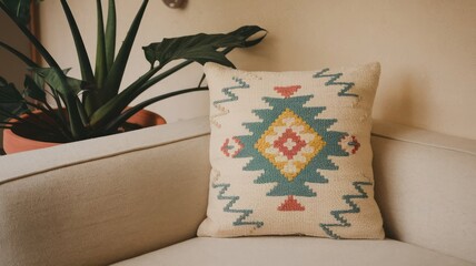 Decorative Pillow With Colorful Geometric Patterns on a Beige Sofa in a Cozy Living Room