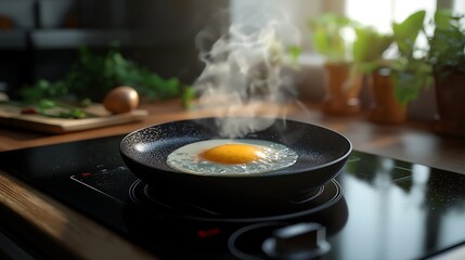 
Close-up of a plant-based egg substitute being cooked on a smart stovetop, plant-based innovation, alternative foods.