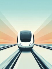 Poster - A sleek train design moves effortlessly along railway tracks, with a stunning gradient sky creating a serene backdrop at dawn. Generative AI