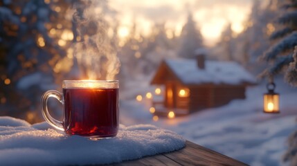 Aufkleber - A cup of hot tea releases steam as it rests on a wooden surface covered in snow. In the background, a warm-lit cabin surrounded by snow-covered trees creates a serene winter atmosphere at dusk.