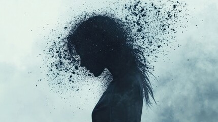 Surreal digital art of a woman's silhouette disintegrating into particles, evoking themes of identity and transformation