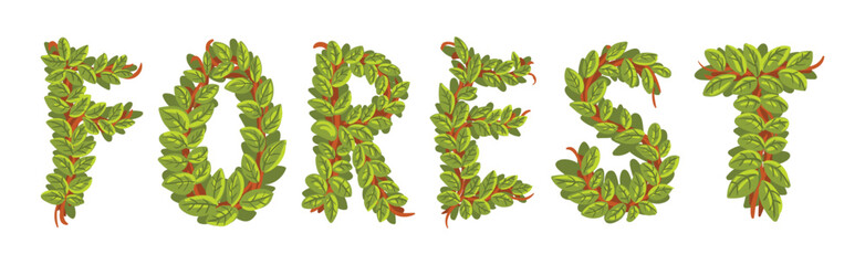 Poster - Forest Word of Green Leaf Alphabet Letter with Lush Foliage Vector Set