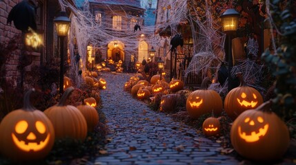 Wall Mural - halloween pumpkin lantern in the street 