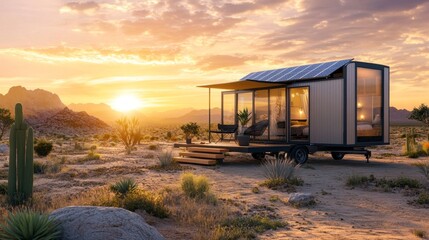 Poster - A small, modern home is parked in the desert