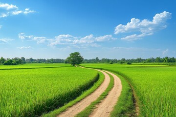 Canvas Print - A winding dirt road through lush green rice fields under a clear blue sky during daylight hours