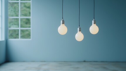 Poster - A serene interior featuring three hanging light bulbs against a soft blue backdrop, creating a tranquil atmosphere with natural light filtering through a window.