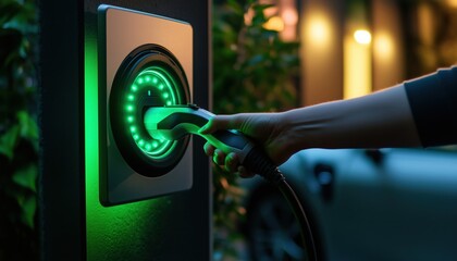 Closeup Hand Inserting Ev Charger Plug: Green Energy-Powered Charging Point For Ev Car In Progressive Home Garage Station