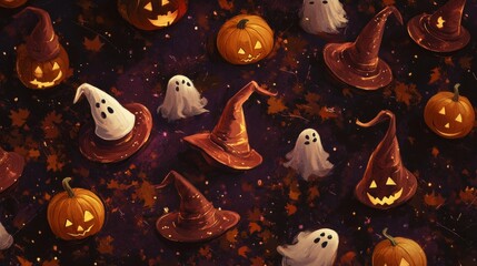Wall Mural - halloween background with ghost and pumpkin